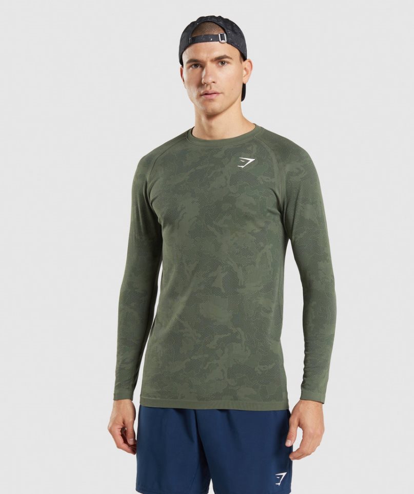 Gymshark Geo Seamless Long Sleeve T-shirt Herr Olivgröna | SE-05371Y